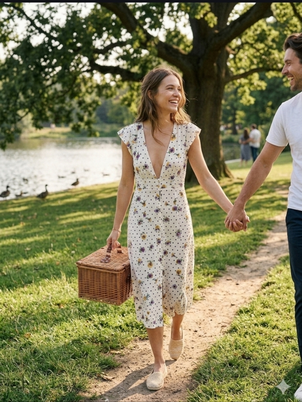 Forever 21 White Floral and Black Polka Dot Midi Dress Size M